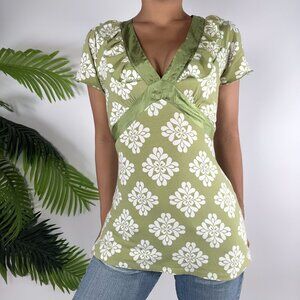 Vintage Y2K Green & White Floral Cottagecore Coquette Babydoll Blouse / Small